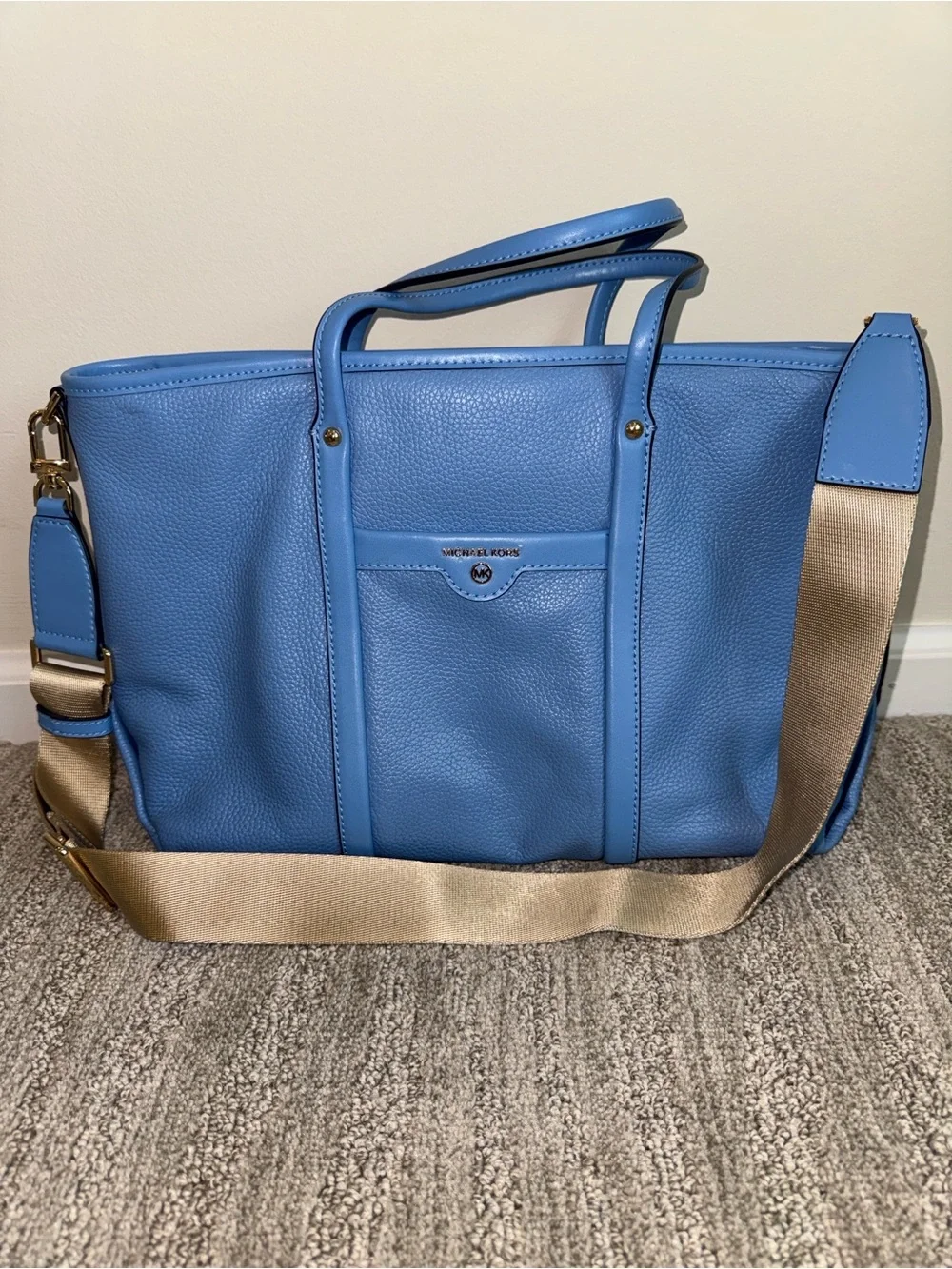 Michael Kors Sky Blue Pebble Leather Tote with Tan Strap